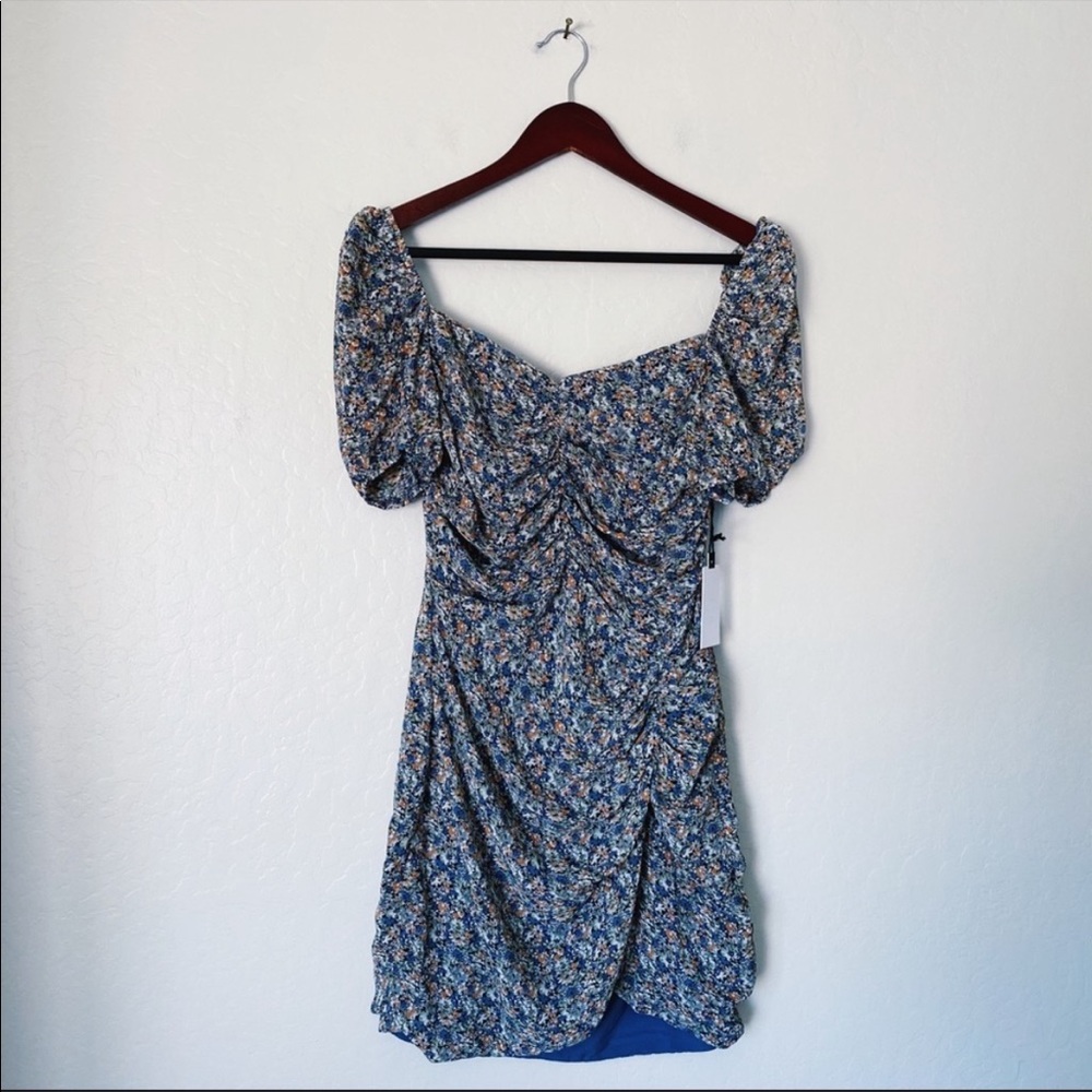 NWT ASTR The Label Blue Floral Ruffle Mini Dress